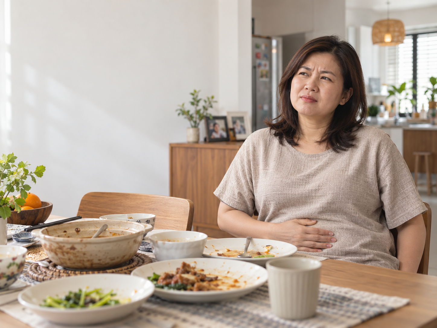 外食后感觉腹部胀与沉重的女性