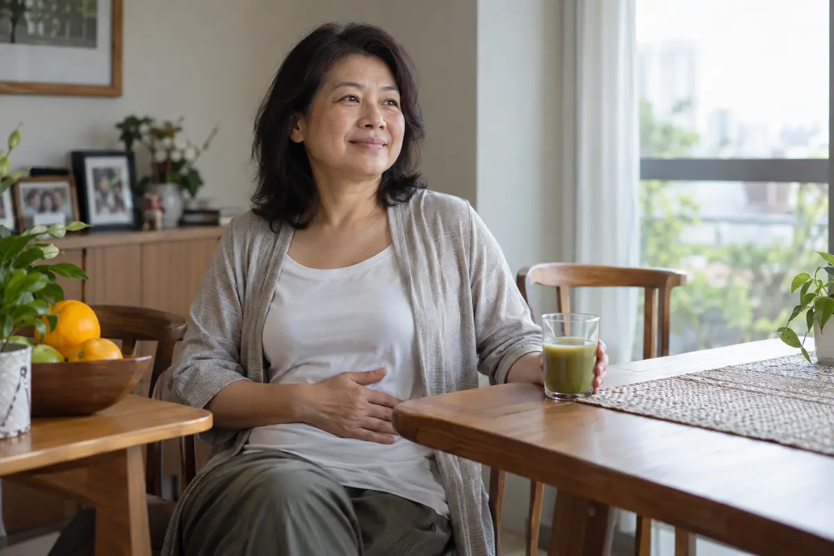 熟龄华人女性在家进行每日轻盈管理
