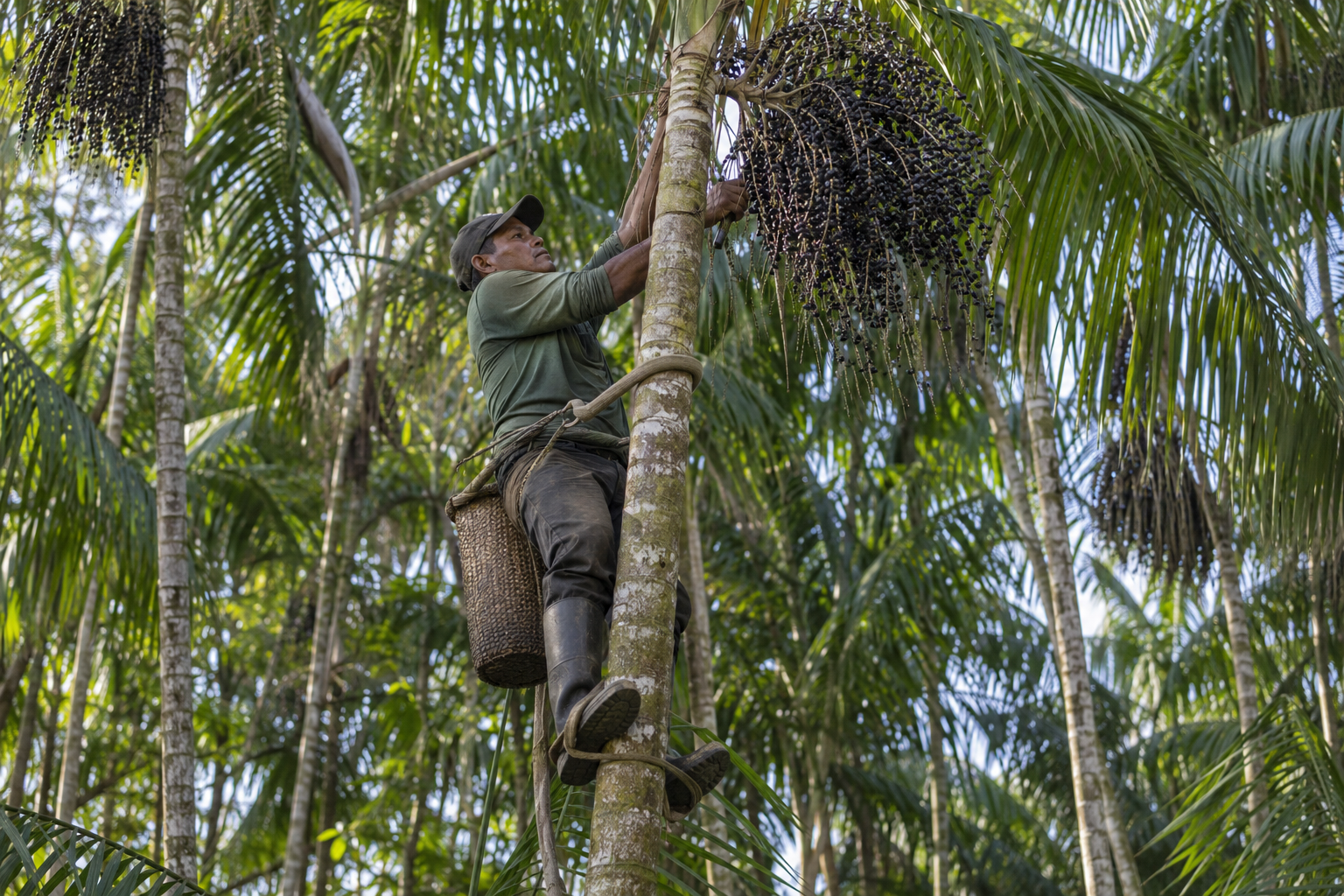 A harvester climbing an açaí palm in the Brazilian Amazon to gather fruit clusters