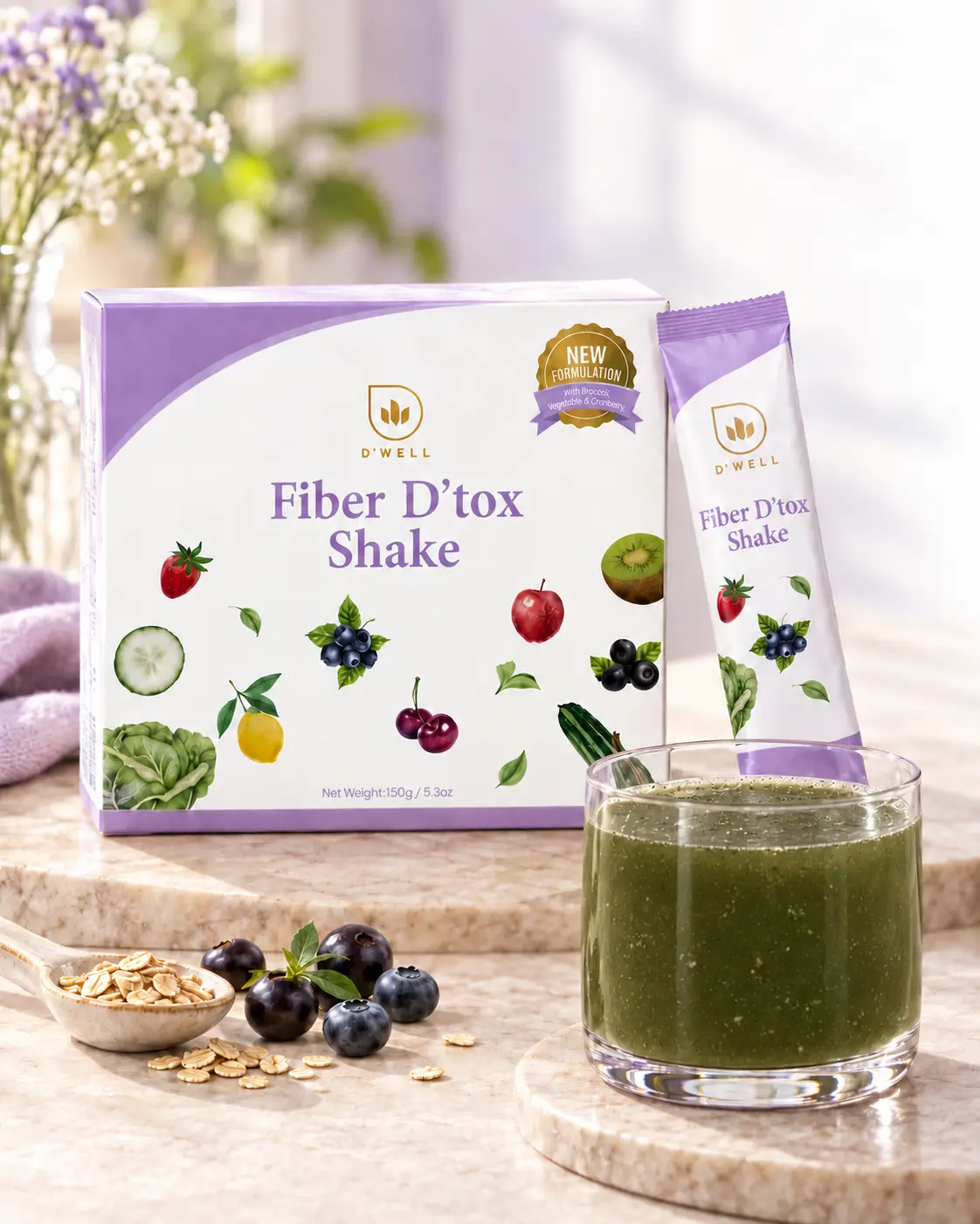 D'WELL Fiber D'tox Shake, individual sachets and the prepared olive-green drink
