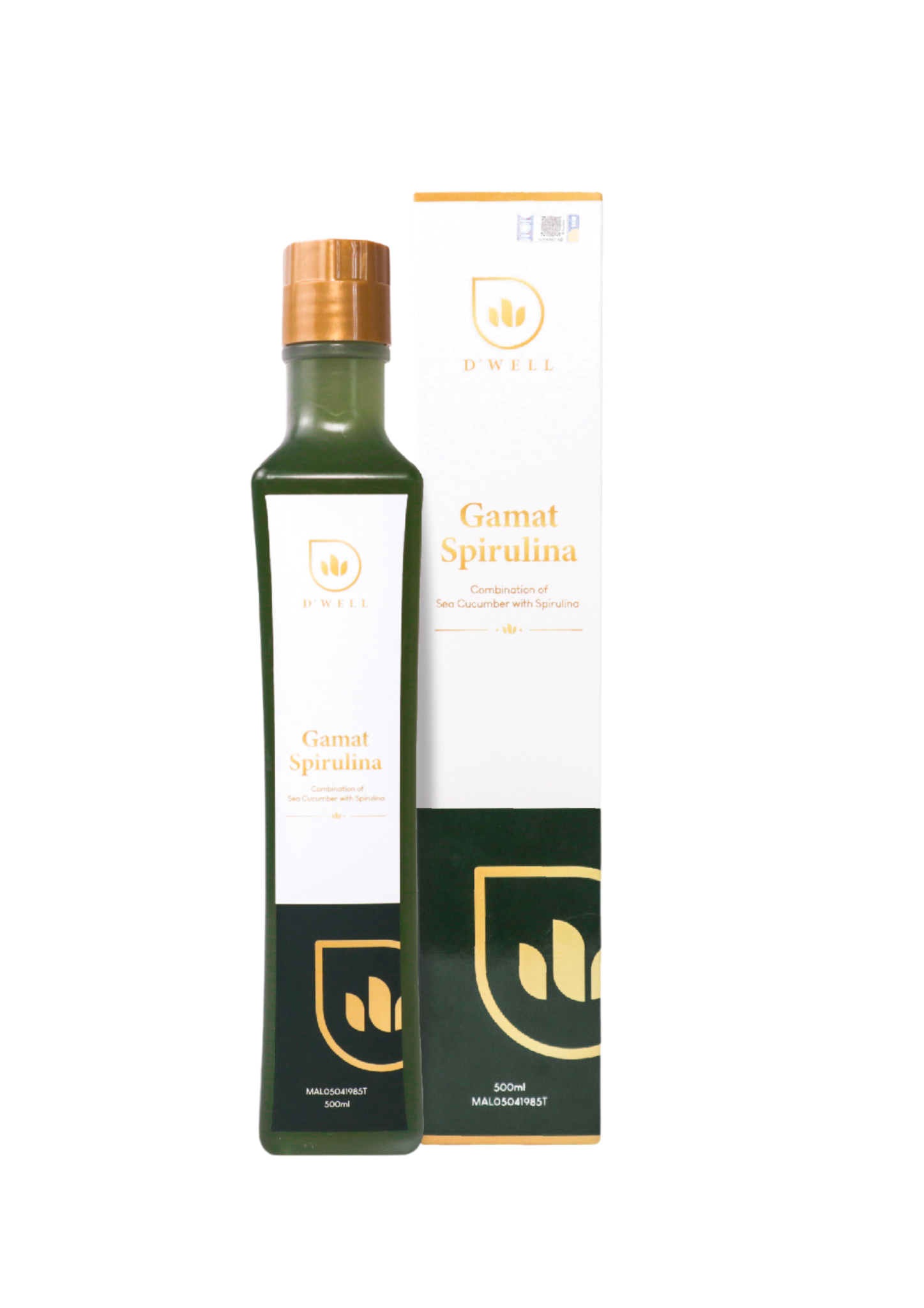 D’WELL Gamat Spirulina 蓝藻海参精 500ml 瓶装与包装盒