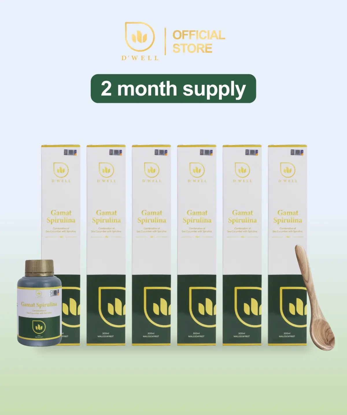 D’WELL Gamat Spirulina buy 5 free 1 package with 250ml bottle and wooden spoon