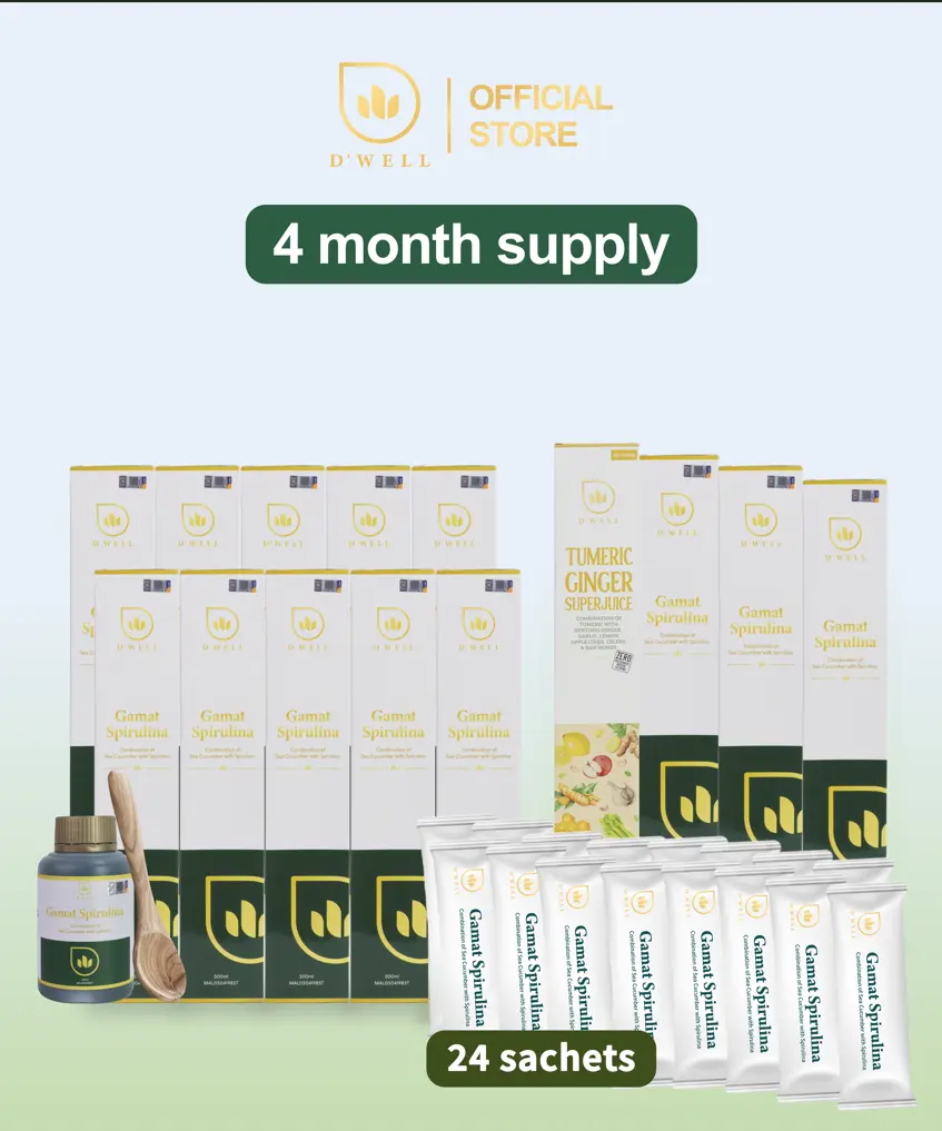 Pakej C VIP D’WELL Gamat Spirulina dengan 13 botol bersaiz penuh, sachet, botol 250ml, Turmeric Ginger dan sudu kayu