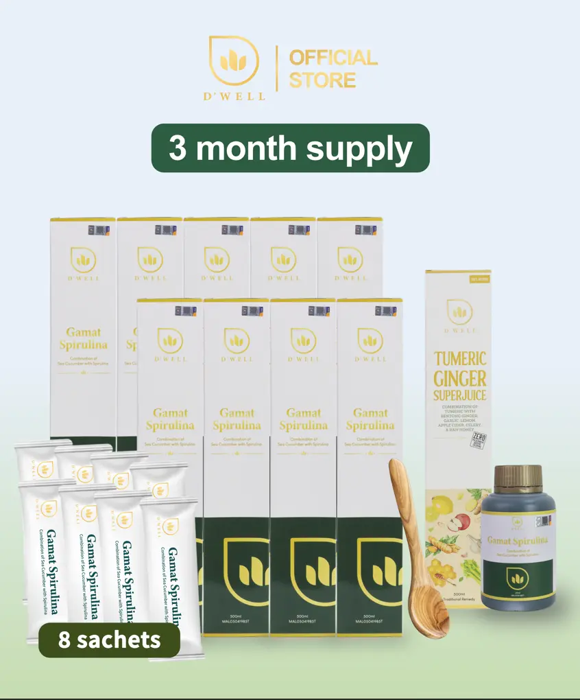 Pakej B D’WELL Gamat Spirulina dengan 9 botol bersaiz penuh, 8 sachet, botol 250ml, Turmeric Ginger dan sudu kayu